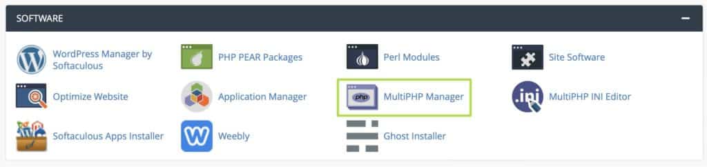 Screen grab of PHP version chooser in cPanel.