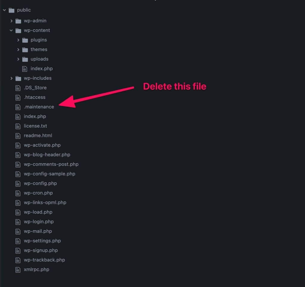 This images shows the .maintenance file in the site's root folder that needs to be deleted.