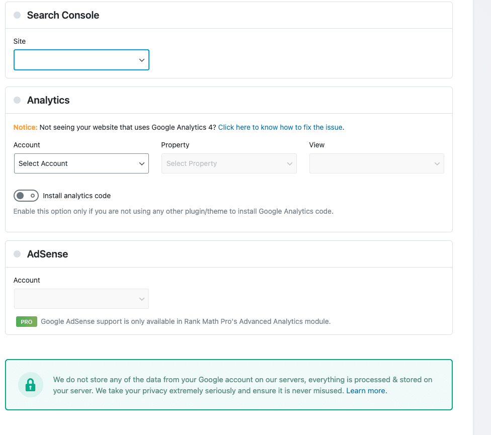 An image showing how one can enable Google Search Console and Google Adsense via the RankMath plugin