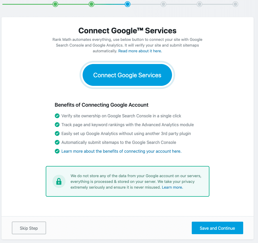 An image showing the Rank Math startup wizzard for connecting Google Services to the plugin