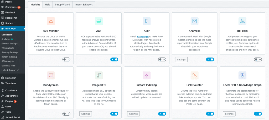 An image showing the available Rank Math plugin modules for optimised SEO