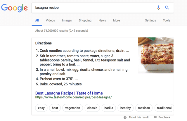 Lasagna recipe featured snippet