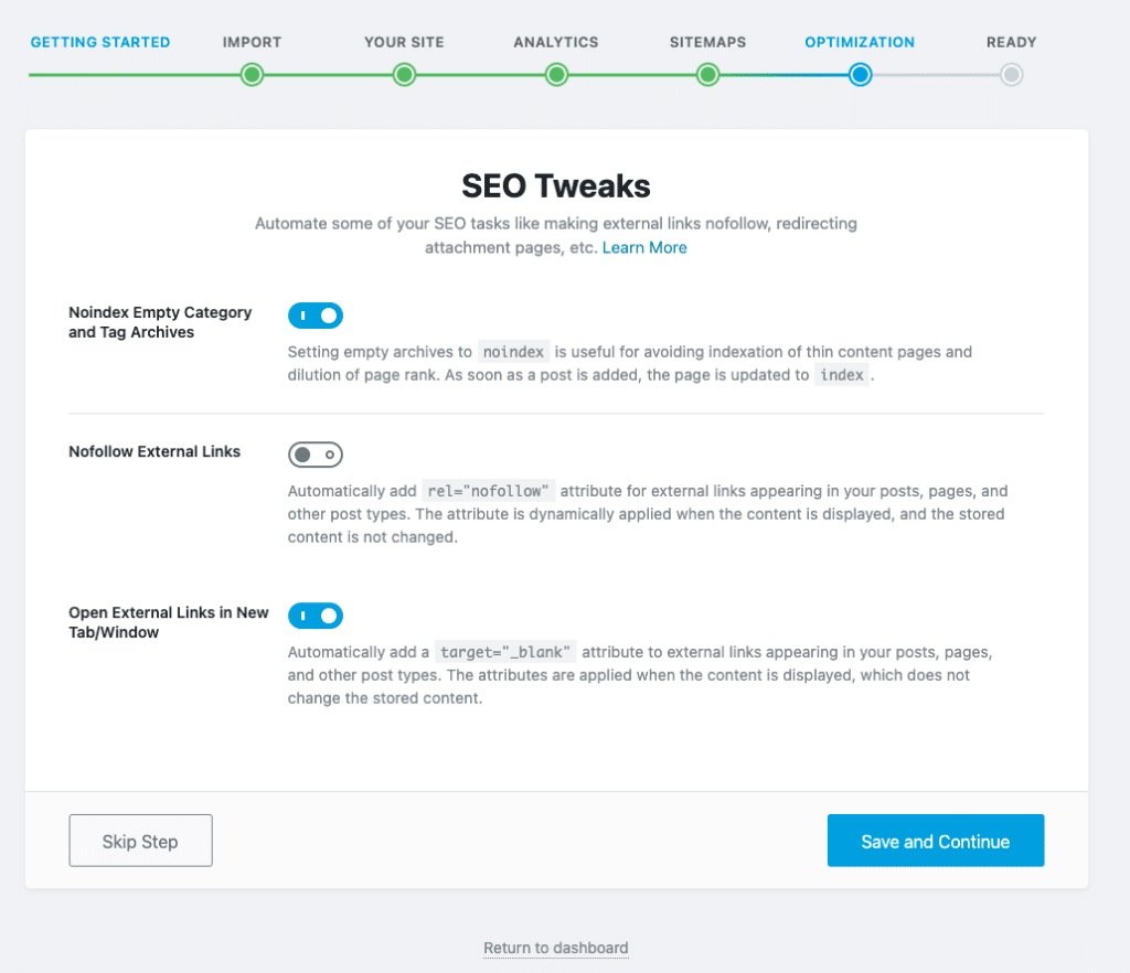 An image showing the Rank Math startup wizzard for automating SEO