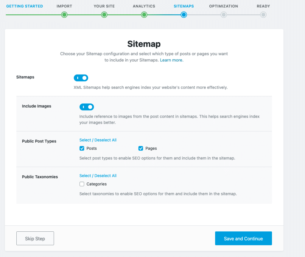 An image showing the Rank Math startup wizzard for choosing sitemap configurations