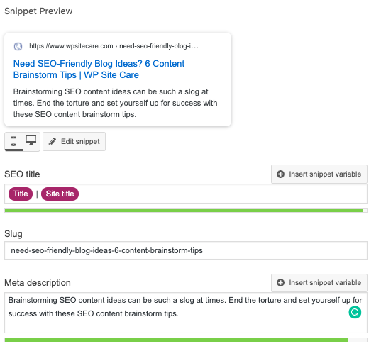 Yoast plugin snippet editor